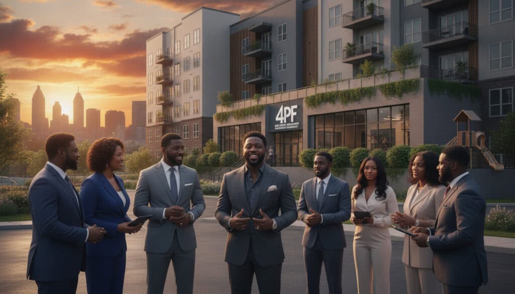 A vibrant urban setting showcasing a successful business venture by Lil Baby. In the foreground, a confident Black man in a well-tailored suit representing Lil Baby, standing with a group of community members engaged in discussion, all dressed in professional business attire. In the middle ground, a modern apartment complex symbolizing real estate development, with greenery and community spaces around it, highlighting a sense of inclusivity and growth. The background features a city skyline, bathed in warm, golden hour sunlight, casting soft shadows. The mood is uplifting and optimistic, reflecting community empowerment and economic advancement. Capture this scene with a balanced composition, using a wide-angle lens to emphasize the connection between Lil Baby and the community.