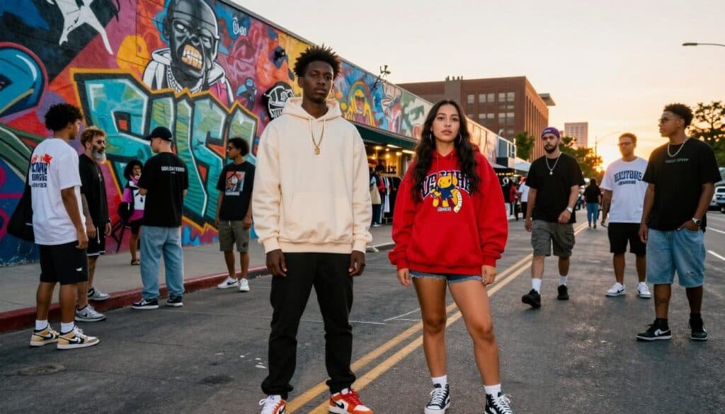 A vibrant urban street scene showcasing a diverse group of fashion-forward individuals wearing contemporary streetwear. In the foreground, a young Black male and a Latina female model bold oversized hoodies, graphic tees, and stylish sneakers, embodying a relaxed yet confident vibe. The middle ground features a mural of abstract graffiti art, symbolizing hip-hop culture, while pedestrians in trendy athleisure blends and accessories browse nearby boutiques. The background reveals a city skyline at sunset, casting warm golden light across the scene, enhancing the lively atmosphere. Shot from a slightly elevated angle to capture the energy of the street, the image evokes a sense of community and creative expression, encapsulating the vibrant essence of hip-hop fashion in 2026.