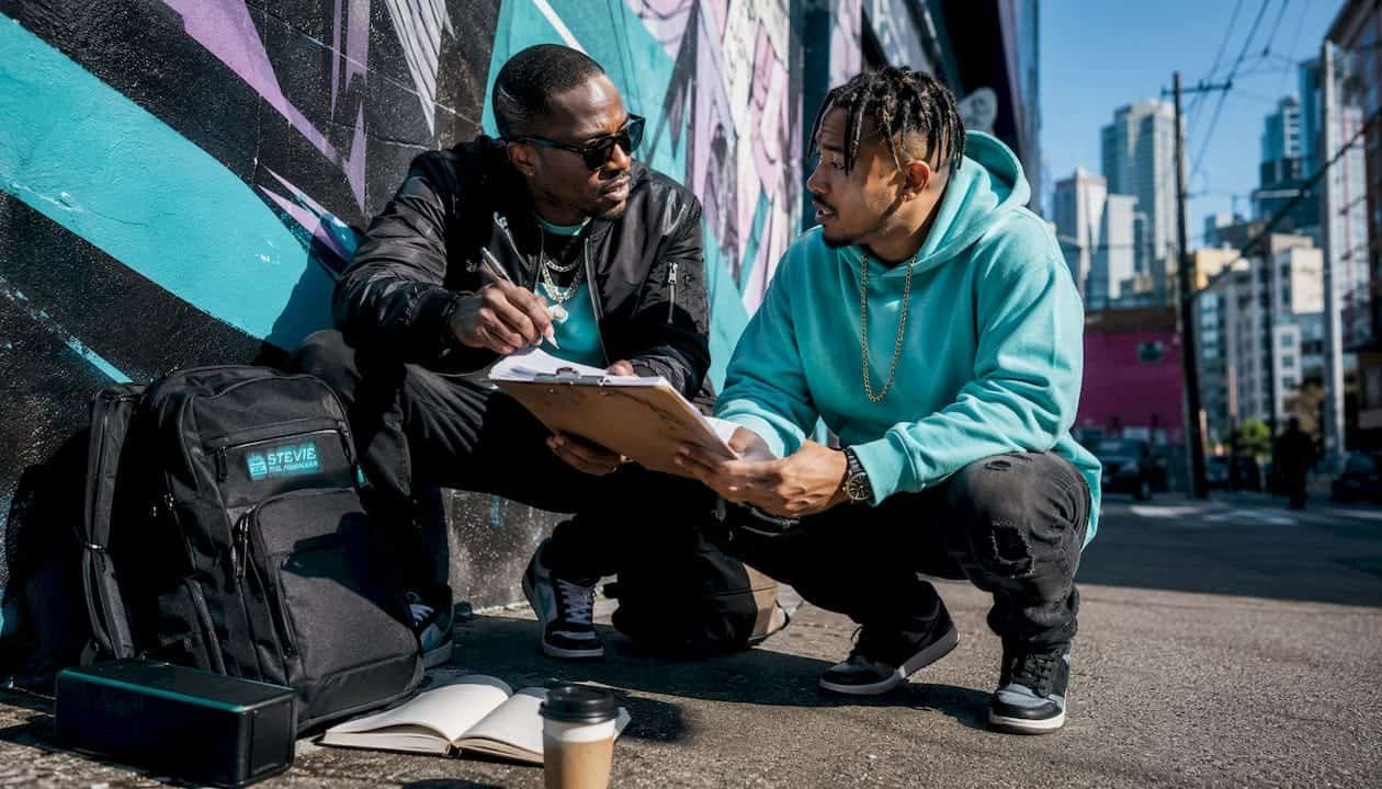 Two hip-hop artists collaborating outdoors