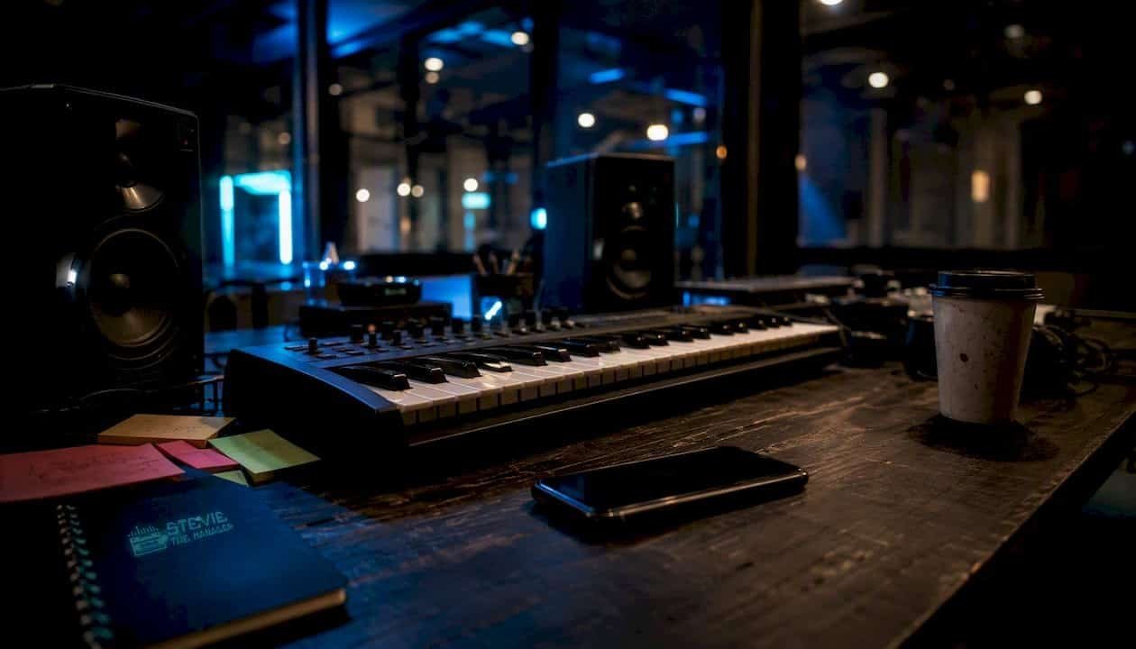 High-angle view of FL Studio style producer workstation