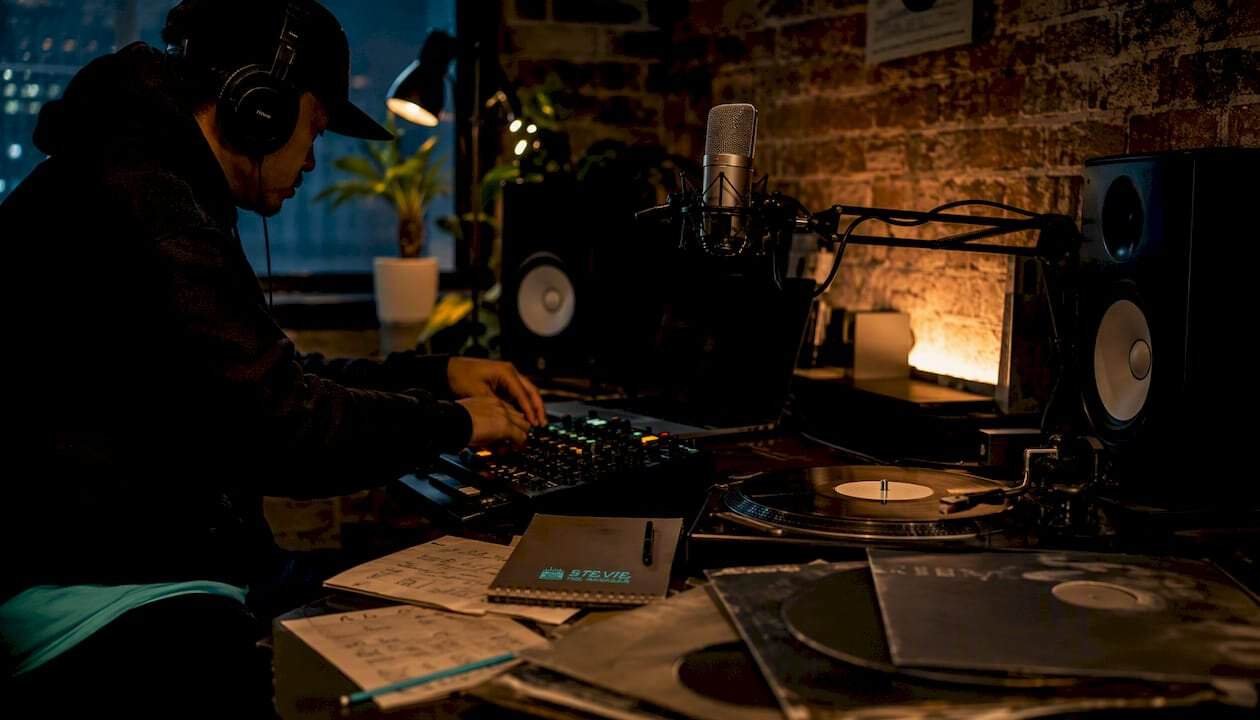 Hands adjusting audio mixer in live performance setup
